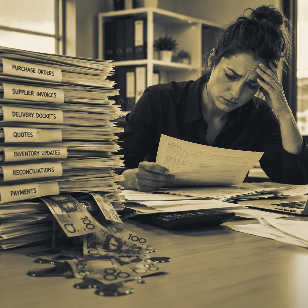 Stressed office manager reading an invoice beside stacks of purchase orders, supplier invoices, delivery dockets and payments, with cash melting away on the desk