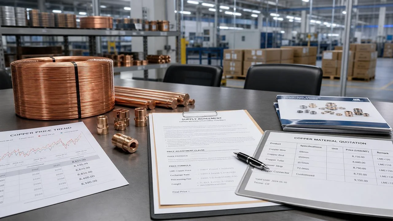 Example reporting for a copper and metals supplier: a price trend chart, a supply agreement with a price adjustment formula and a material quotation on a warehouse desk