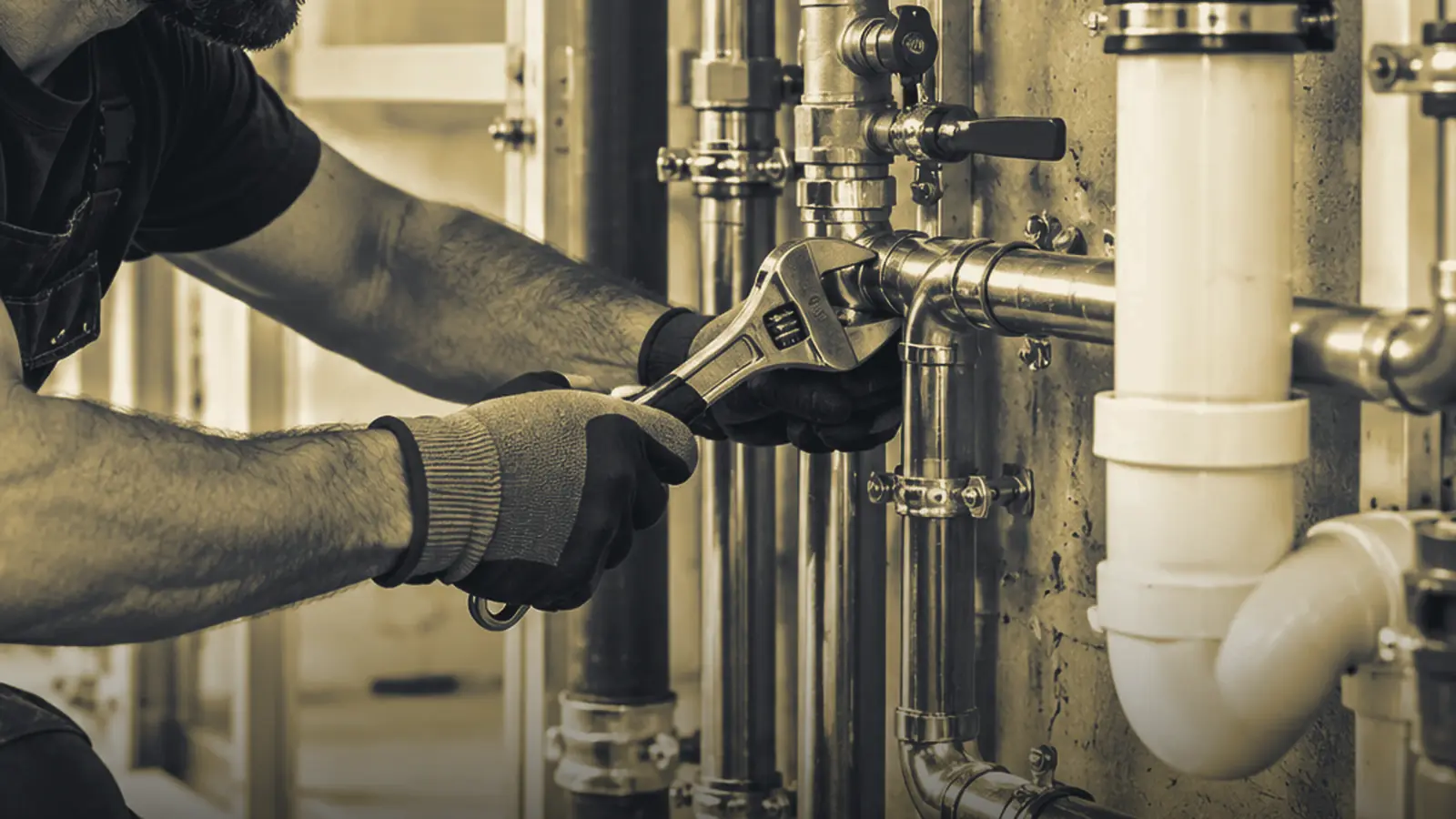Plumber tightening copper pipe fittings and valves with a wrench